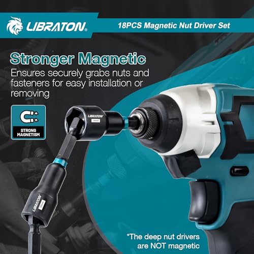 LIBRATON 18-Piece Magnetic Socket Impact Drivers, Deep Socket, Metric Nut Drivers, 5-14mm Sockets and Deep 6-17mm, Bit Holder, Storage Box