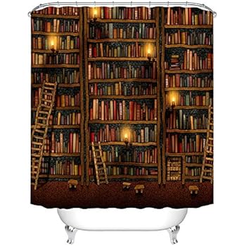 Fangkun Custom Bathroom Shower Curtain Decor Set - Bookshelf Design - Waterproof Polyester Fabric Bath Curtains - 12 pcs Shower Hooks - 72 x 72 inches