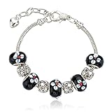 Long Way Women Silver Plated Snake Chain Black Maruno Glass Bead Flower Heart Charm Clasp Bracelet