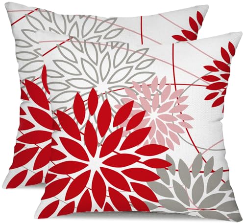 Kissenbezüge mit Blumenmuster in Rot und Rosa, Grau, 2 Stück, für den Außenbereich, wasserdicht, dekorative Valentinstagskissen, Polyester-Kissenbezüge, Dekorat
