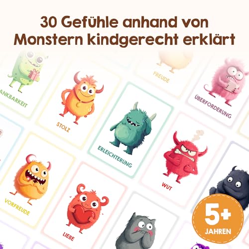 Edubini Emotion Cards for Children [30 Cards + Explanatory Texts] - Emotion Cards for Self-Regulation and a Good Feeling - (Educationally Valuable) - Feeling Monster for Emotional Children