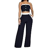 BOKITECAO 2 Piece Outfits for Women Sexy High Waist Jumpsuit Off Shoulder Tube Tops Bodycon Wide Leg Sets