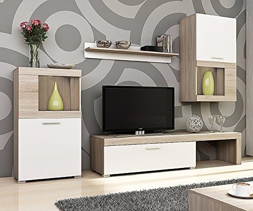 Selsey Flavo Wohnwand Wohnzimmer Set Mit Tv Lowboard Hangevitrine Sideboard Wandregal 4 Teilig Weiss Sonoma Eiche Ohne Led Amazon De Kuche Haushalt