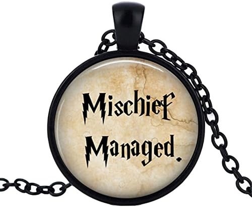 Bodai Gunblack Glass Cabochon Inspirational Family Quote Pendant Necklace for Men Women (Mischief Managed)