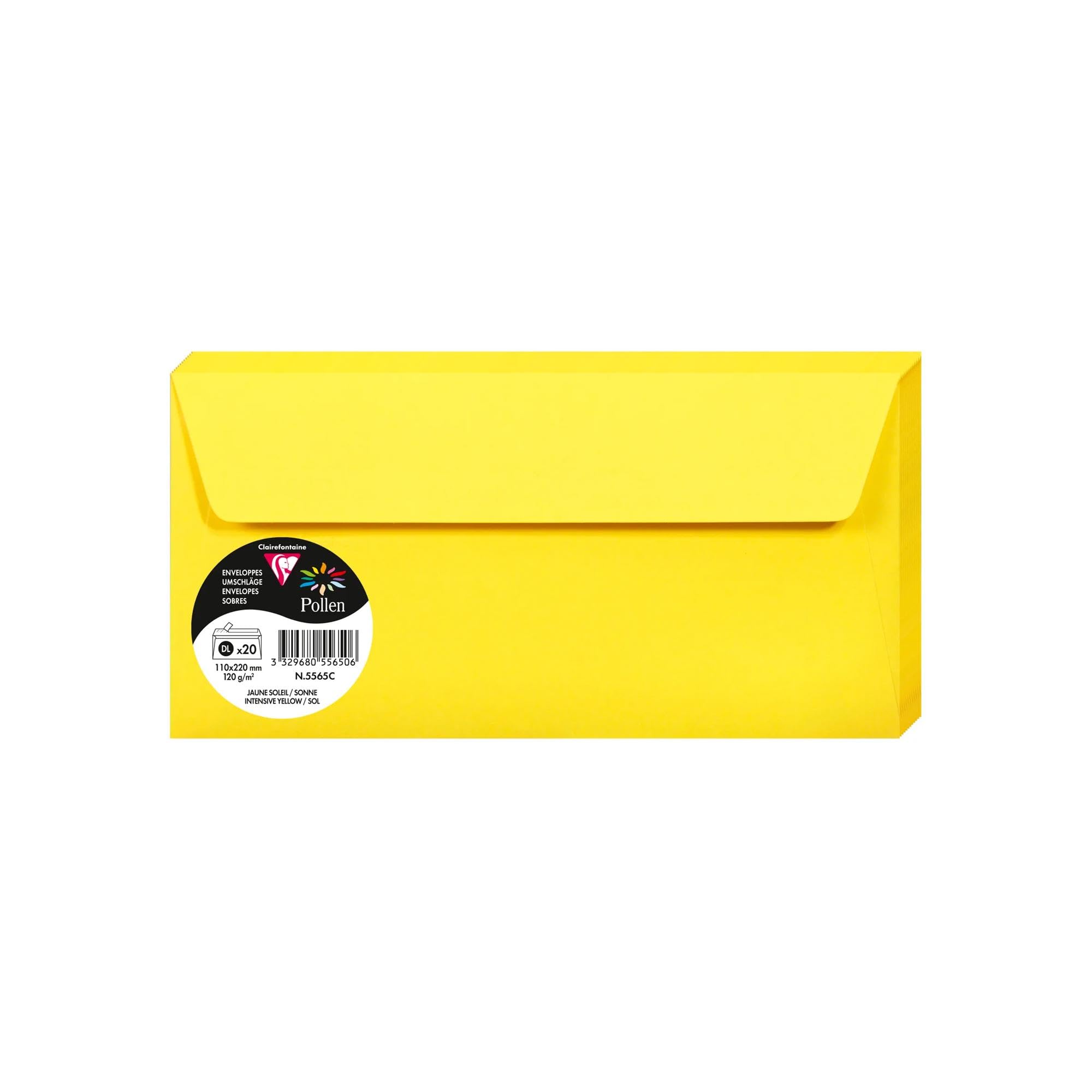 Clairefontaine 5565C Pack of 20 Self-Adhesive Envelopes DL 11x22cm 120gsm Intensive Yellow Invitation Events Correspondence Pollen Range Premium Smooth Paper