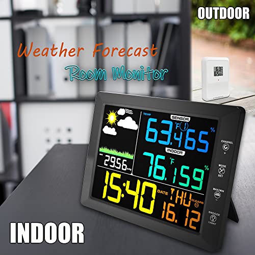 AIRAIN TECH Wireless Weather Station Clock, 10 Inch Home Indoor Weather Monitor with Barometer, Outdoor Temperature and Humidity Gauge, Black