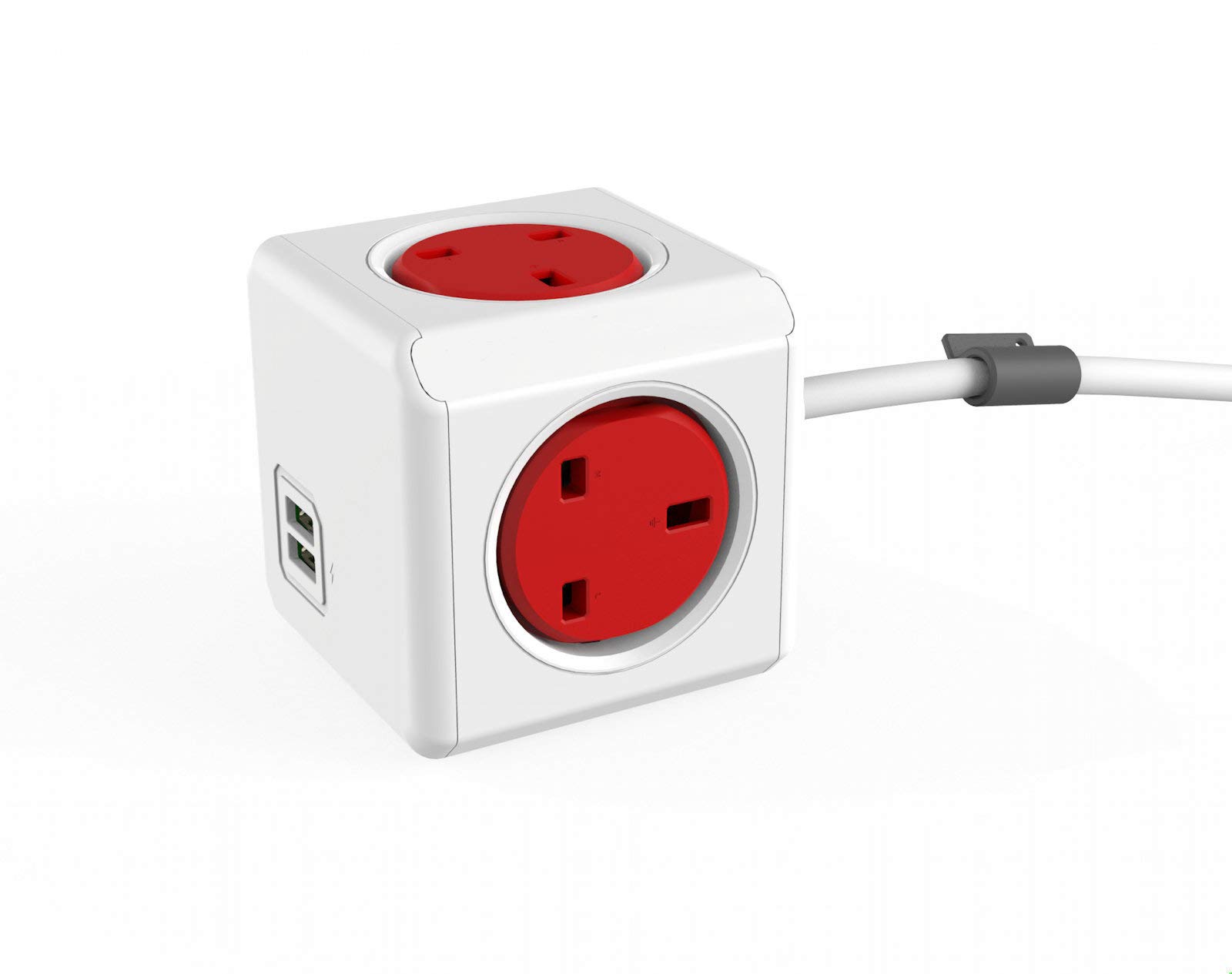 Dr. Bott MultiCube DuoUSB Extended Red 240V UK, 4way power strip with dual USB charging ports, White Red