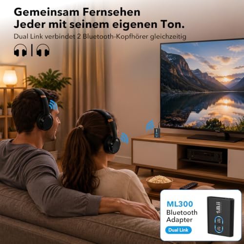 ML300 Bluetooth 5.3 Adapter für TV und Kopfhörer, 2-in-1 Sender Empfänger, Bluetooth Transmitter mit Dual Link, aptX Adaptive/HD Low Latency, 3,5mm Klinke AUX für Stereoanlage