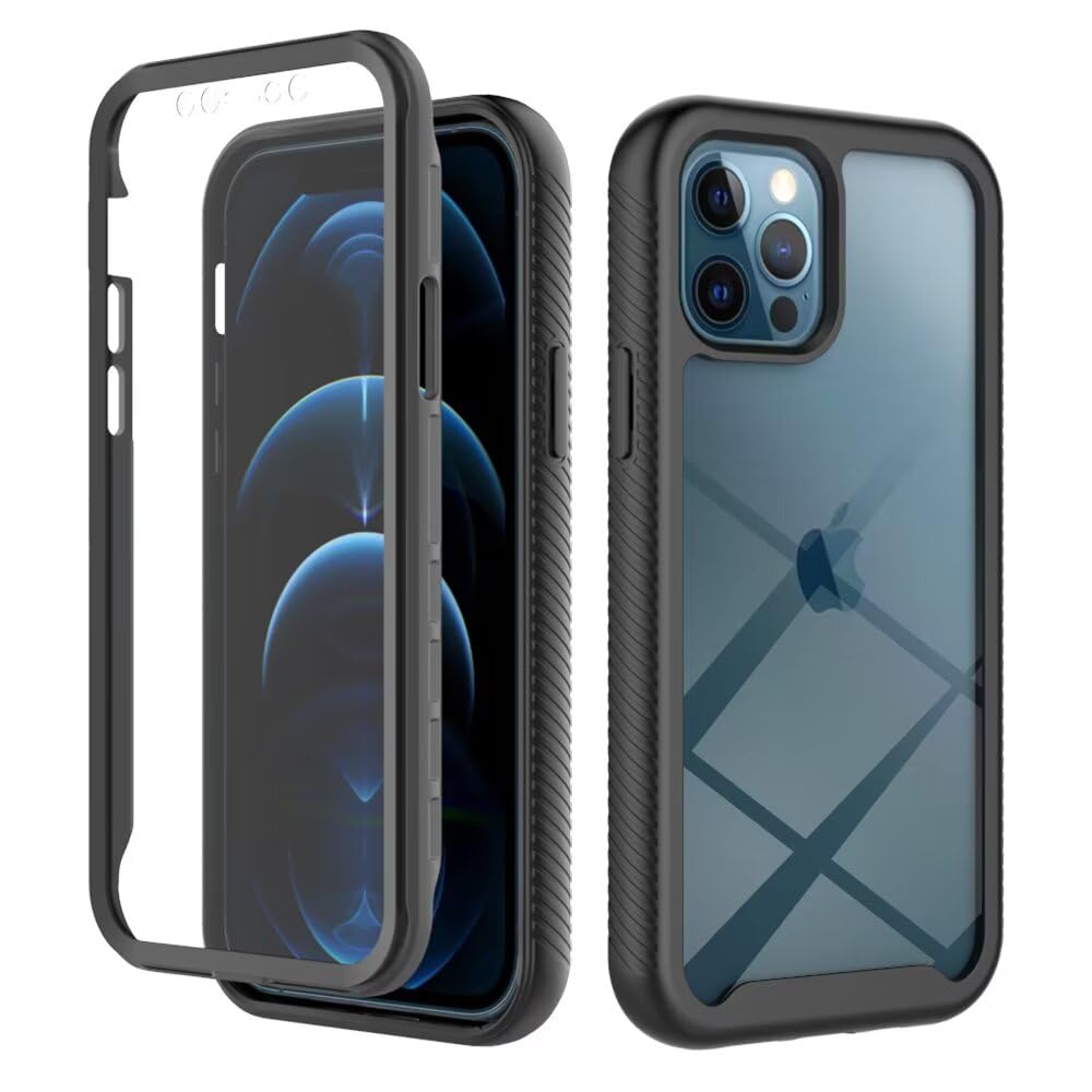 Dfjhure for iPhone 13 /iPhone 14 Case Built-in Screen Protector Full Body Shockproof Protection Case tylish Bumper Transparent Back Phone Case Cover for iPhone 13 /iPhone 14- Black