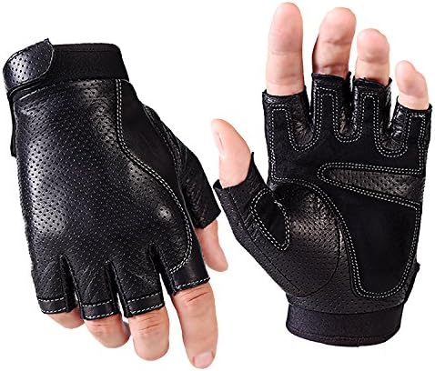 Campstoor Men's Fingerless Finger Gloves Lambskin Leather Lining Half Finger Driving Cycling Motorcycle Tactical Outdoor Fitness Gloves (Black, Large)