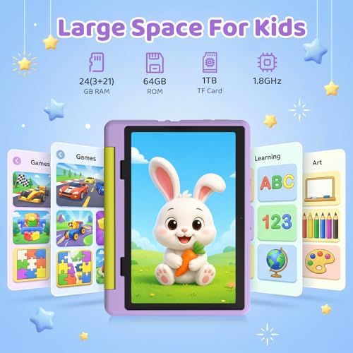 Gleeso Kids Tablet 10 inch Android 16, 24GB RAM+64GB ROM, Child Tablet 1280 * 800 IPS, 5MP+8MP Camera, 6000mAh, WiFi 6/BT 5.3, Parental Control, Toddler Tablet with Protective Case(Purple)