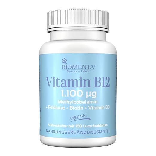 BIOMENTA VITAMIN B12 HOCHDOSIERT | AKTION!!! | 1.100 mcg Methylcobalamin + Vitamin D3 + Biotin + Folsäure | VEGAN | 6 MONATSK