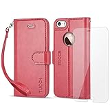 iPhone 5/5S/SE Case, TUCCH Leather Wallet Case, Premium [Slim Fit] [Wrist Strap]Flip Book Case Cover with Stand & Credit Card Compartments [Magnetic Clasp] for iPhone SE and iPhone 5/5S, Red