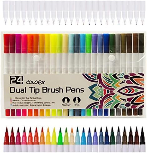 24 Colors Dual Tip Brush Pens Art Markers With Fine liner Brush Tip 0.4mm Double Colored Pens Set for Adult Coloring Books Bullet Journal Note Taking Drawing Planner