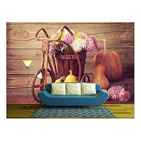 Autumn Still Life - Pumpkins and Chrysanthemums Bunch - Removable Wall Mural | Self-Adhesive Large Wallpaper - 66x96 inches