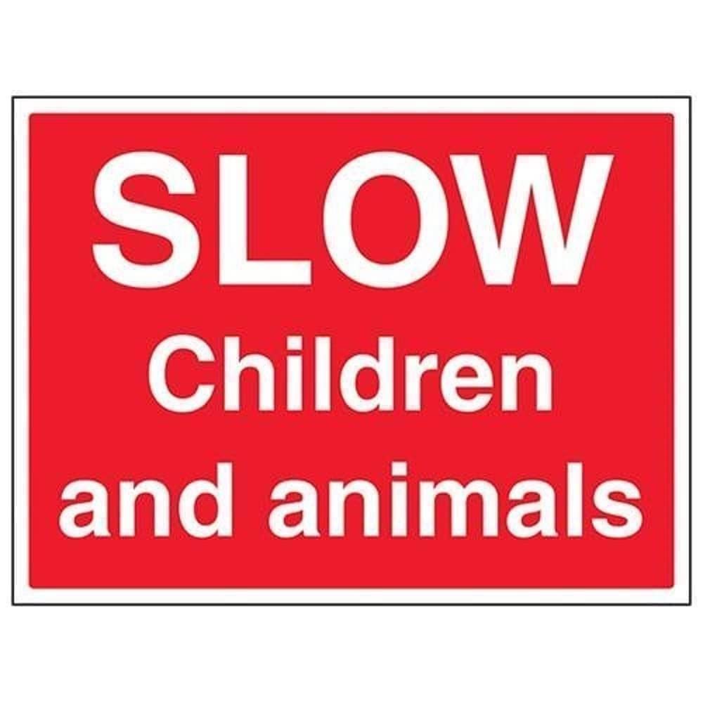 V Safety Slow, Children And Animals Sign - 400mm x 300mm - 1mm Rigid Plastic — image 1