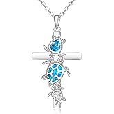 Fenthring Cross Turtle Necklace for Women Sterling Silver Blue Opal Sea Turtle Necklaces Turtles Pendant Ocean Jewelry Charm Mothers Day Christmas Gifts