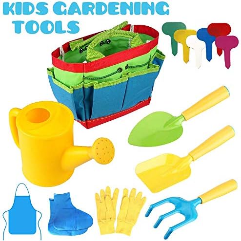 SthAbt - 58Pcs Outdoor Kids Gardening Tools Gardening Planting Project with Watering Can, Gloves, Shovel, Rake, Trowel, Apron, Galoshes and Plastic Plant Label Tag