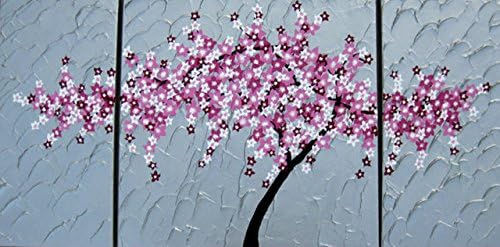 pink cherry blossom, tree of life, Japanese art , large Japanese painting , triptych, silver painting, large wall art, sakura, textured painting, tree painting