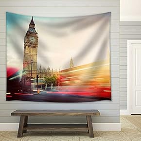 London, The UK. Red Buses in Motion and Big Ben - Fabric Wall Tapestry Home Decor - 51x60 inches