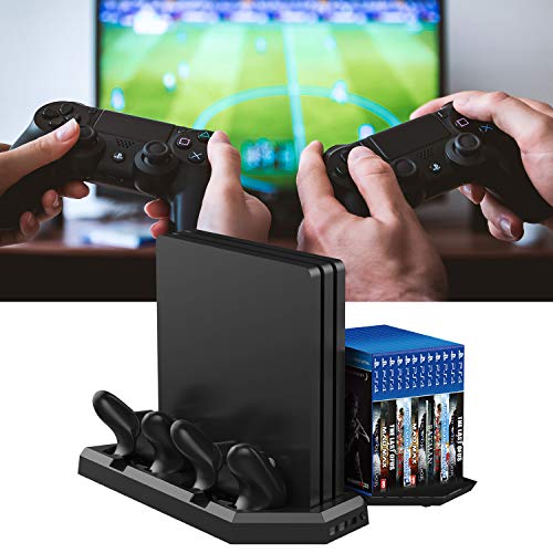 MOCREO Vertical Stand with Cooling Fan for PS4 / PS4 Pro, Dual Controller Charger Station with 12 Game Storage and Dualshock Charger with 3 Extra USB HUB Port