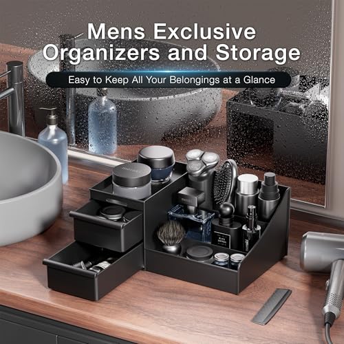 DancesCat Black Cosmetic Organiser for Men, Dressing Table Makeup Organiser with Drawers, Skincare Organiser Storage Box, Ideal Perfume Stand for Mens Bedroom&Bathroom Accessories (Matte Black)