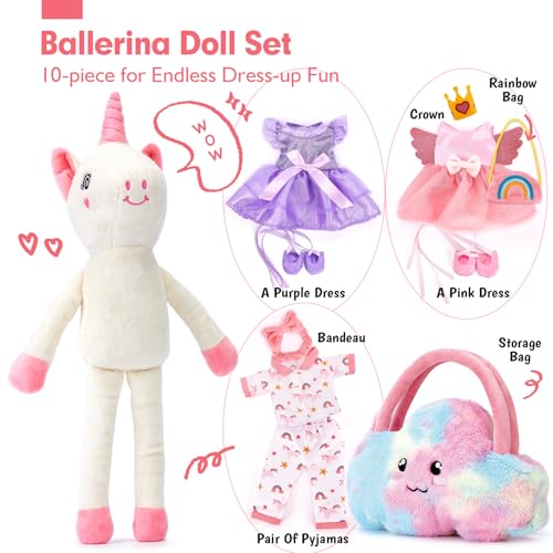 hahaland Peluches Unicornios para Niñas 3-8 años, Dress-up Muñecas Trapo con 3 Set de Ropa & Bolsa, Juguetes Precioso Regalos Niña 3 4 5 6 años