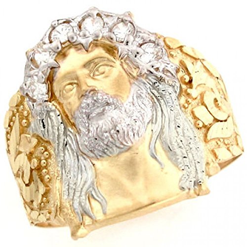 10k Two Tone Gold White CZ Jesus Religious Mens Ring