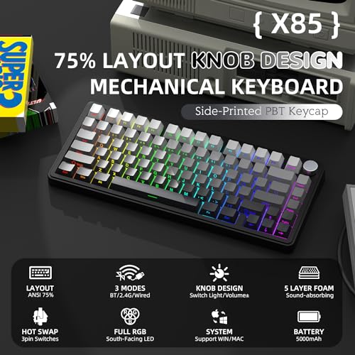 AJAZZ x ATTACK SHARK X85 Mechanical Keyboard, 75% Wireless Gaming Keyboard with Button, 5-Layer Padding, Side Printed PBT Keycap, BT5.1/2.4GHz/USB-C, Hot-Swap Linear Switch, RGB, for PC, Mac