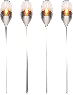 Navaris 4x LED Solar Edelstahl Gartenfackel - 8,5 x 112cm - Garten Fackel Solarleuchten Set - Außen Kerzenschein-Effekt Solarfackel Metallic Silber