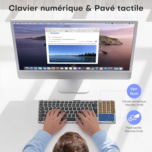 OMOTON Clavier sans Fil Pliable avec Pavé Tactile et Pavé Numérique, Clavier Bluetooth AZERTY Rechargeable, Multi-appareils, Portable Keyboard pour PC Tablette iPad Windows Mac Android