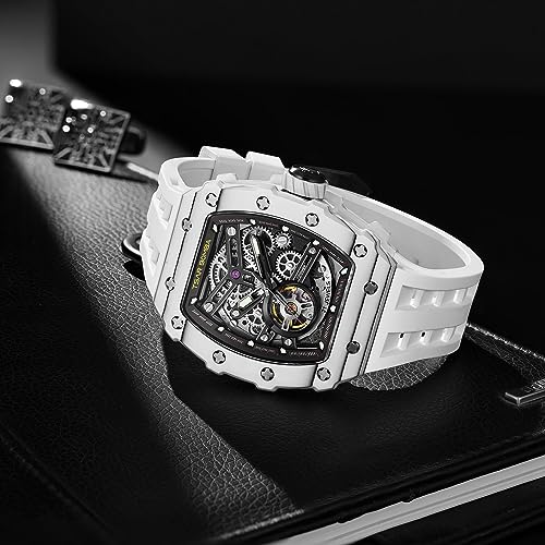 TSAR BOMBA Men's Automatic Watch Skeleton Watch Luxury Barrel Mechanical Watch 50m Waterproof Analog Watch