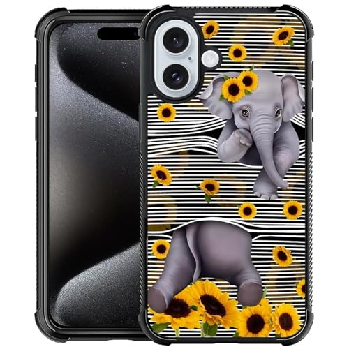 FKBRCL4U for iPhone 16 Plus Case, Cute Little Elephant Sunflower White Line Art Pattern Graphic Design Girl Boy Soft Silicone Hard Acrylic Shock Protection for iPhone 16 Plus