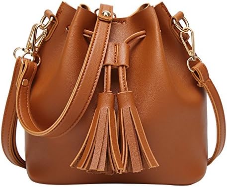 LBOJA Women Retro Tassel Drawstring Faux Leather Shoulder Crossbody Bucket Bag Handbag