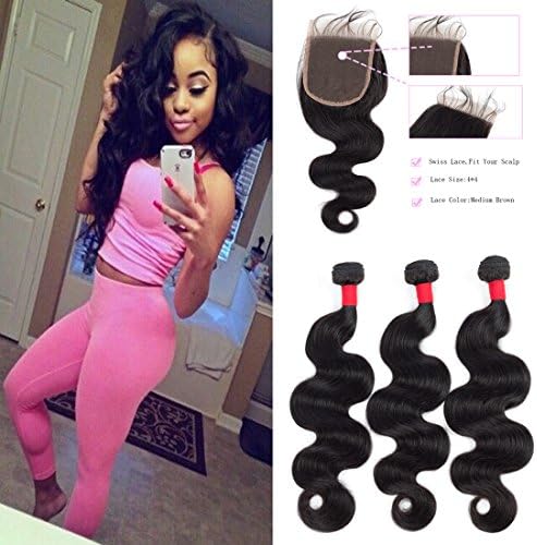 JUYOUYA Brazilian Virgin Hair Body Wave Real Human Hair 3 Bundles With 4×4 Lace Closure 8A Grade 100% Unprocessed Natural Black Color 100g/Pice