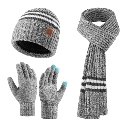 Ozero Unisex Schal Mütze Handschuhe 3Er Set - Winteraccessoires Weiche Wolle - Winddicht &Amp; Wärmend - Touchscreen-Handschuhe - Geschenke Für Herren/Paare/Familie