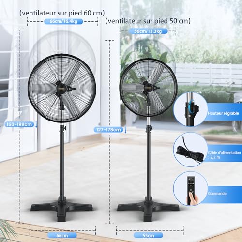 AVUXOR 60cm Outdoor Pedestal Fan with Remote Control, 4 Speed Oscillating Fan with Waterproof Brushless DC Motor, Industrial Fan for Patio, Garage, Warehouse, Factory