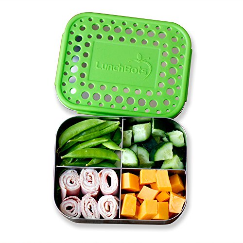LunchBots Quad Stainless Steel Food Container - Four Section Design Perfect for Healthy Snacks, Sides, or Finger Foods On the Go - Eco-Friendly, Dishwasher Safe and BPA-Free - Green Dots