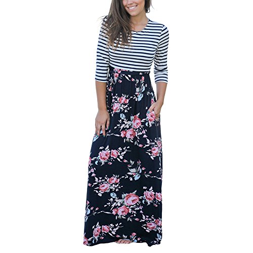 Classic Stretchy Maxi Long Fall Winter Dress Floral Swing Gored Skirts Royal Blue X-Large