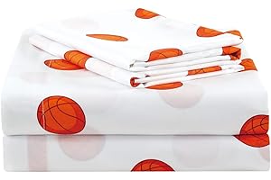 Chezmoi Collection 4-Piece Kids/Teens Sports Sheet Set - Soft Microfiber White Orange Basketball, Queen Size