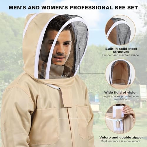 LBOYLOVE® Professional Bee Suit for Men and Women, Sting Proof Polycotton Beekeeping Suit, Beekeeper Costume with Glove &Ventilated Hood (X-Large)