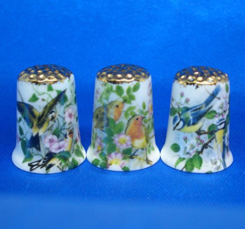 Porcelain China Collectable Thimbles - Set of Three Gold Garden Birds