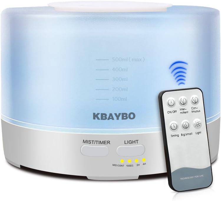 KBAYBO 500ml Cool Mist Humidifier Ultrasonic Aroma Essential Oil Diffuser with 4 Timer Settings 7 Color Changing LED for Office Home Bedroom Living Room Study Yoga Spa (White)