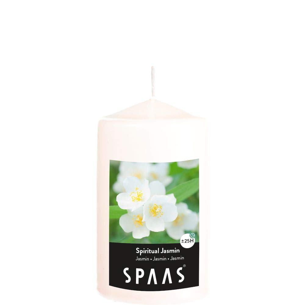 Spaas 12 Scented Cylinder Pillar Candles 60/100 mm, ± 25 Hours, Spiritual Jasmine