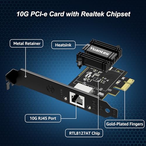 Carte Réseau PCIe 10G, Carte Ethernet YuanLey 10G Base-T Avec Contrôleur Realtek RTL8127AT, Adaptateur Ethernet PCIe Vers RJ45 10Gb NIC Compatible Avec PCI Express X1, X4, X8, X16, Prise En Charge WOL
