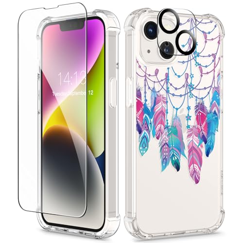 GVIEWIN for iPhone 14 Case Floral, with Screen Protector & Camera Lens Protector,[Non Yellowing] Soft Shockproof Clear Phone Protective Cover for Women, Flower Pattern Design 6.1"(Sweet Dream/Blue)