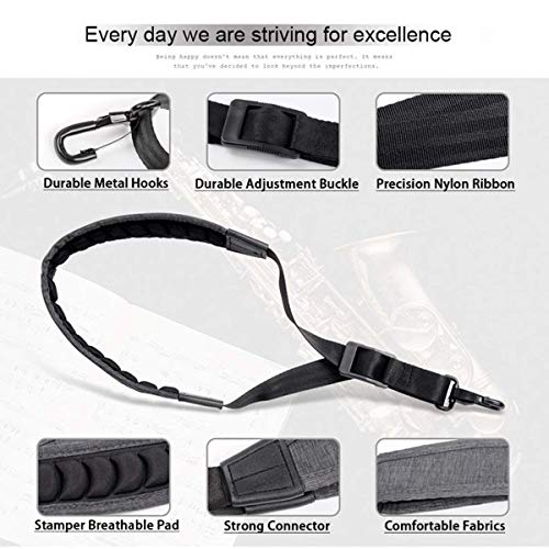 Gold Happy Saxophone Neck Strap with Comfortable Soft-Padded, Adjustable Harness Belt and Metal Hook for Tenor Alto Sax and Clarinets Obo