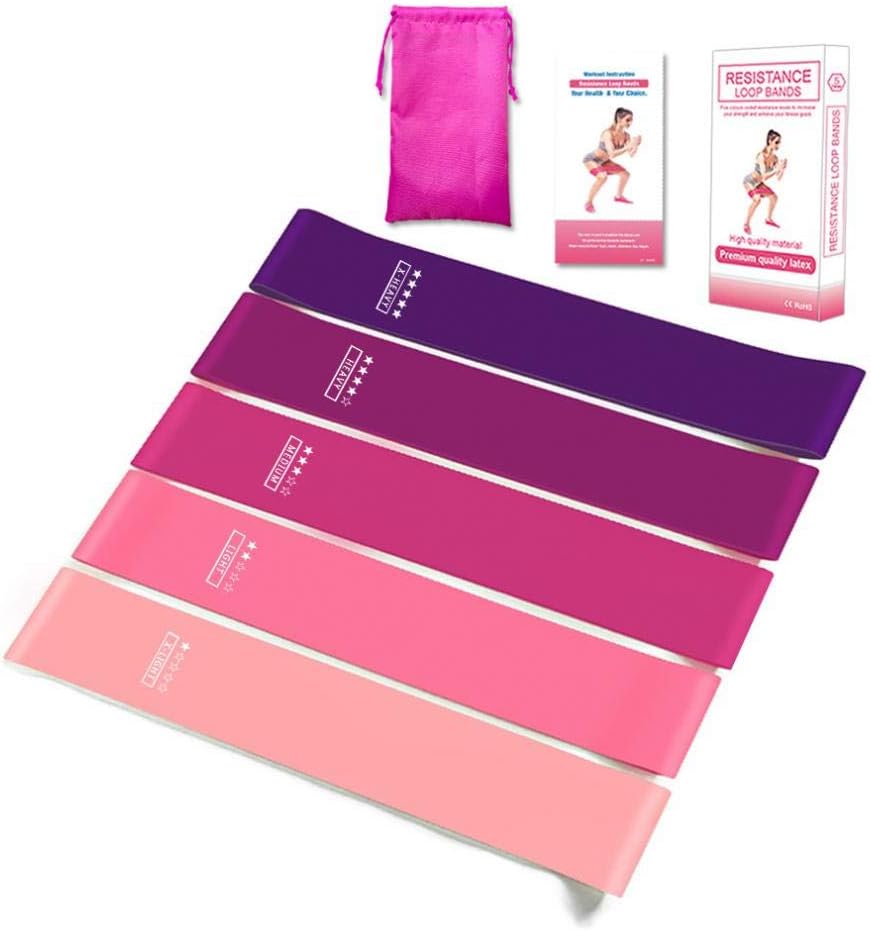 Resistance Exercise Loop Bands - Set of 5 - Yoga Fitness Workout Bands for Legs and Butt Strength Training Pilates with Instruction Guide Carry Bag
