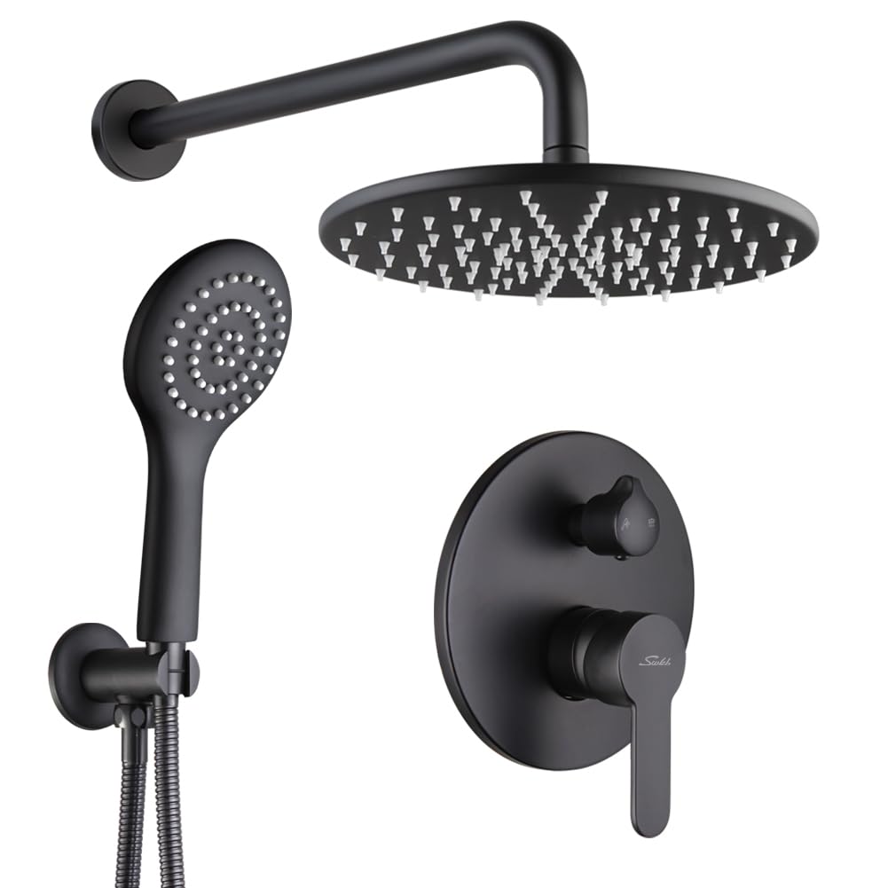 Photo 1 of All Metal Shower System with 10 Inch Stainless Steel Round Shower Head with Handheld Spray, Wall Mounted High Pressure Shower Faucet Set,Valve Included,Matte Black