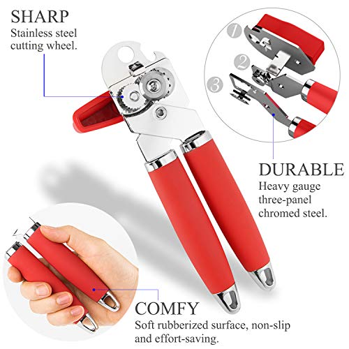 Can Opener, 3-In-1 Can Opener Hand Held Stainless Steel Can Opener Manual Smooth Edge Tin Opener Built in Bottle Opener Professional Ergonomic Anti Slip Handles Large Turn Knob Heavy Duty Sharp(Red)